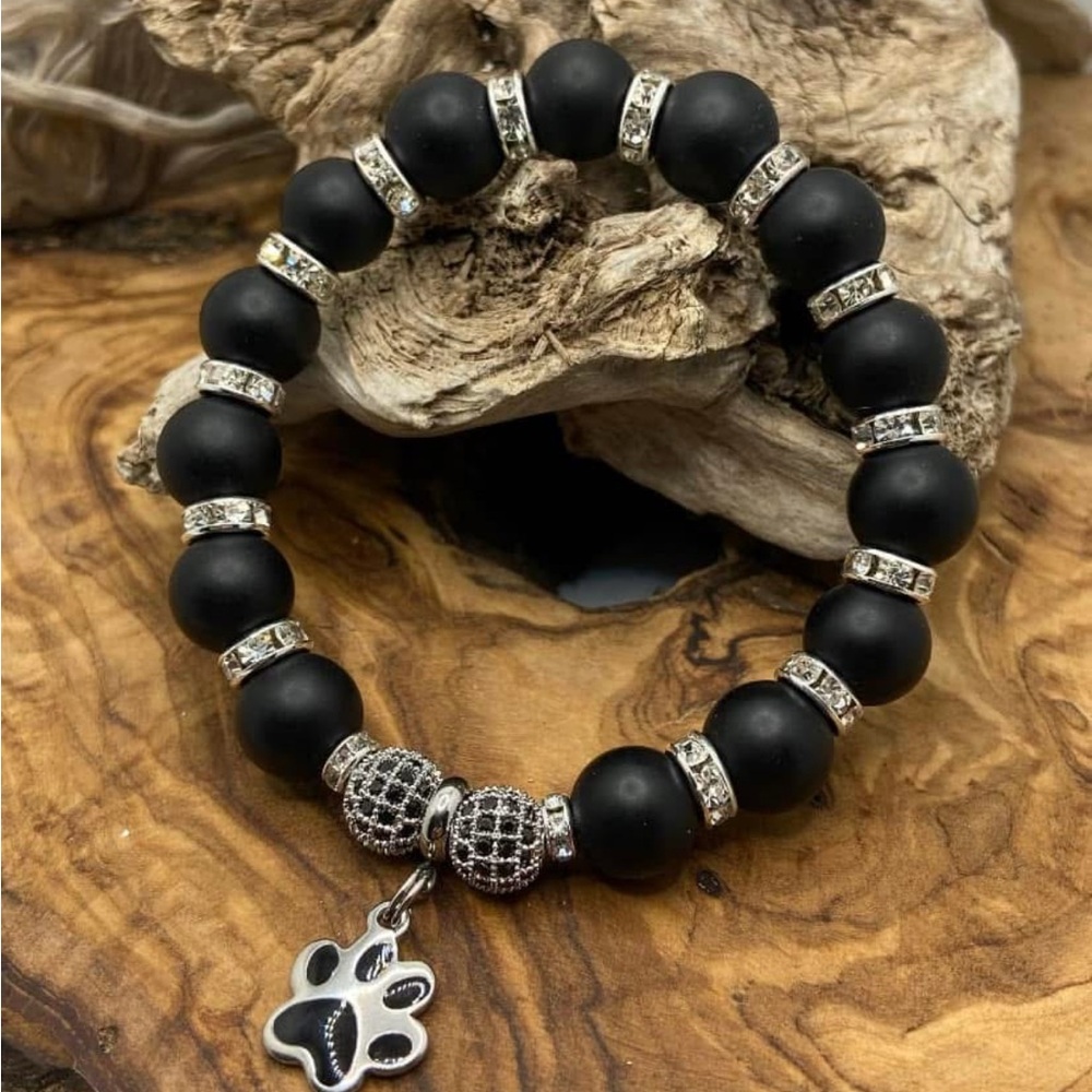 Black Beaded Bracelet with Silver Accents And Pawprint Charm